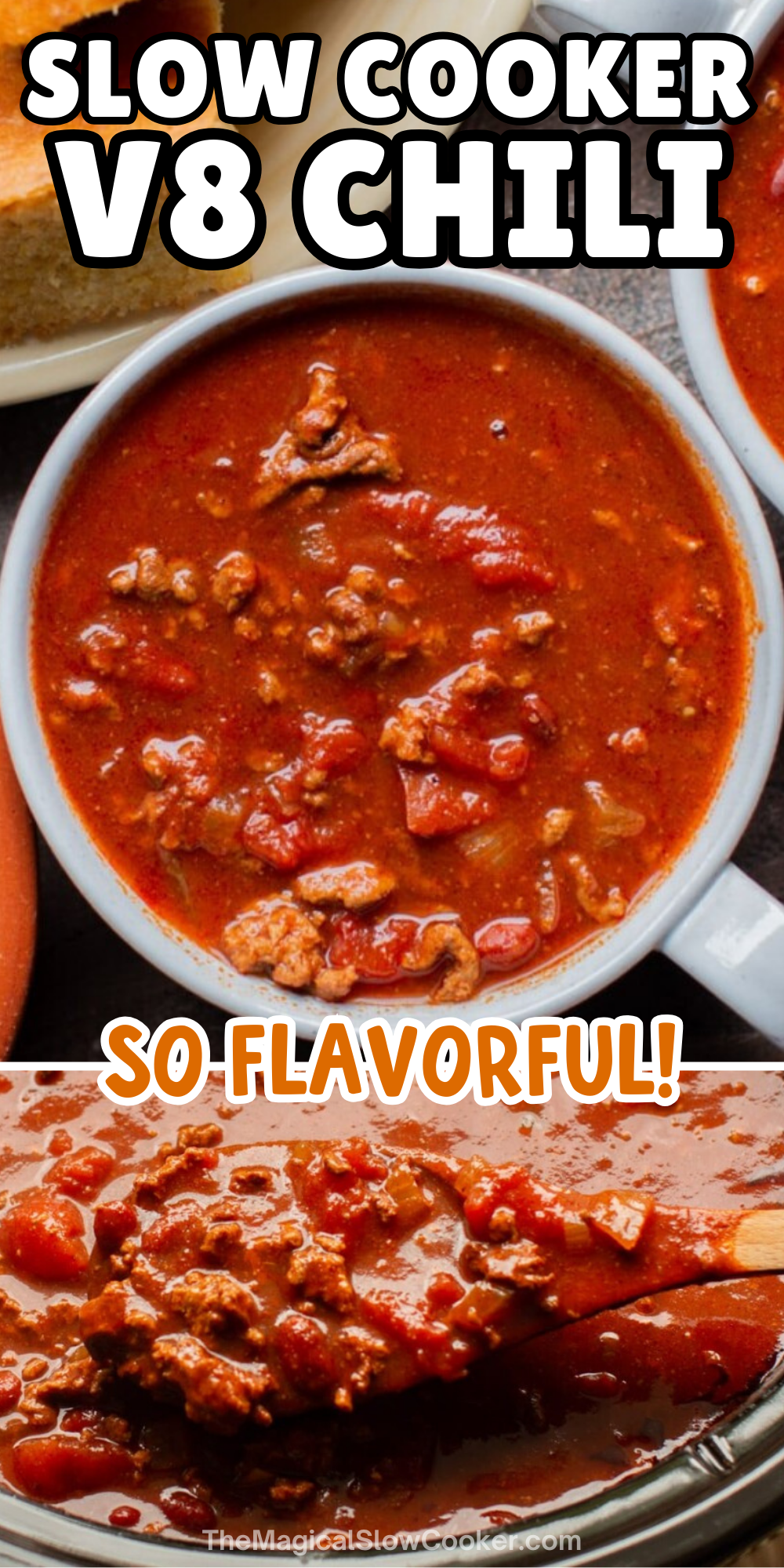 V8 chili images with text overlay for pinterest.