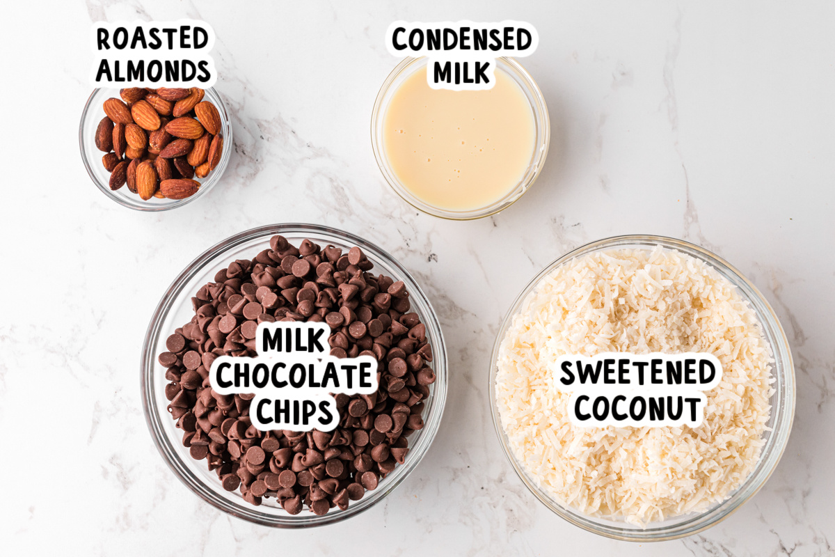 Ingredients for slow cooker almond joys on a table.