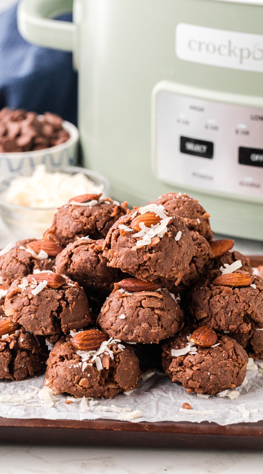 Long image of slow cooker almond joys.