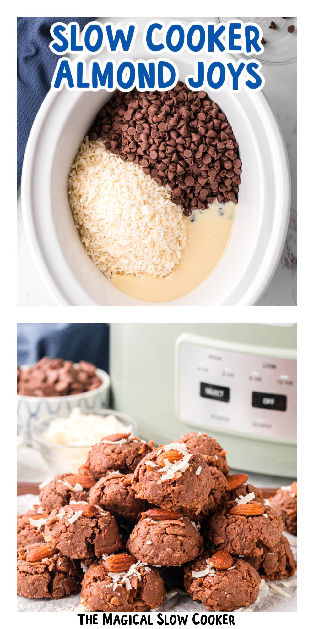 Two images of slow cooker almond joys with text title overlay.