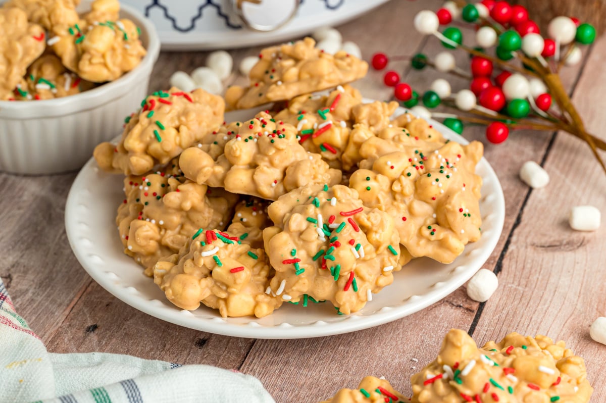Close-up of slow cooker avalanche cookies stacked on a plate.