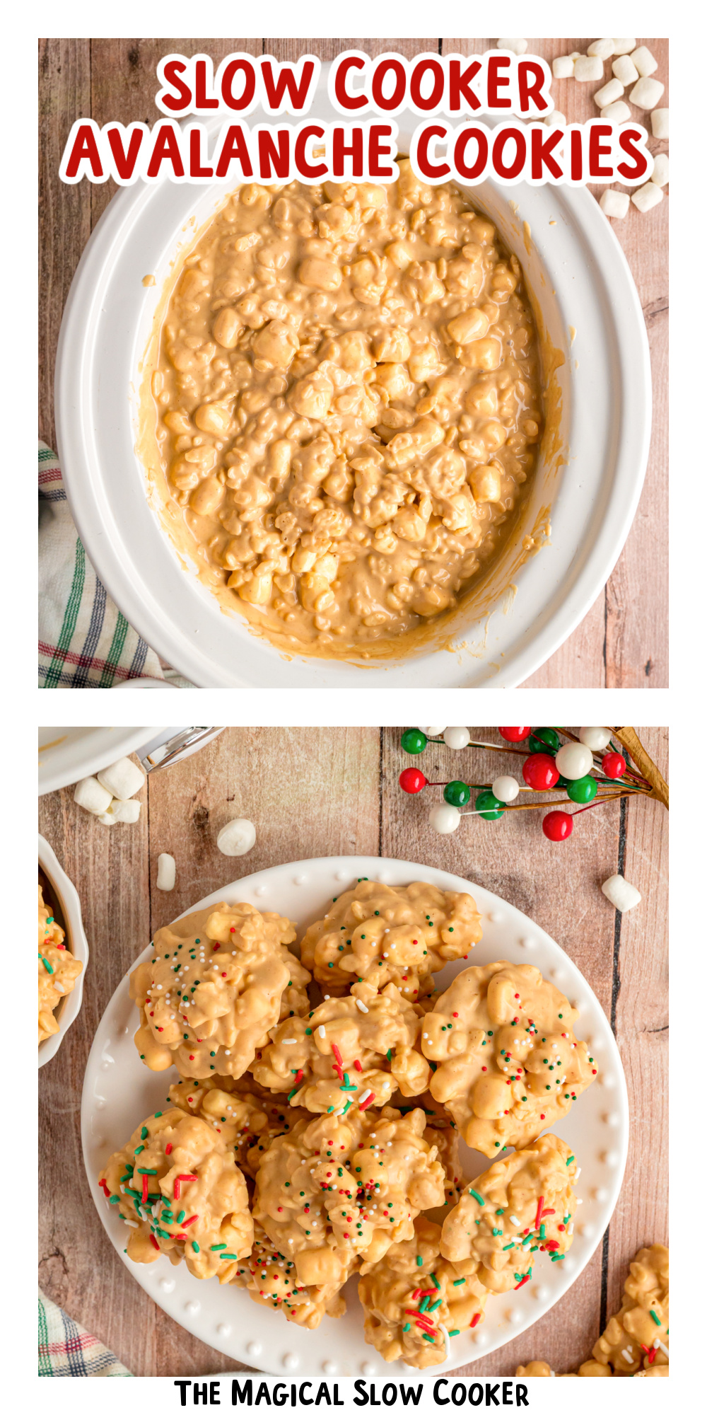 Two images of slow cooker avalanche cookies with text title overlay.