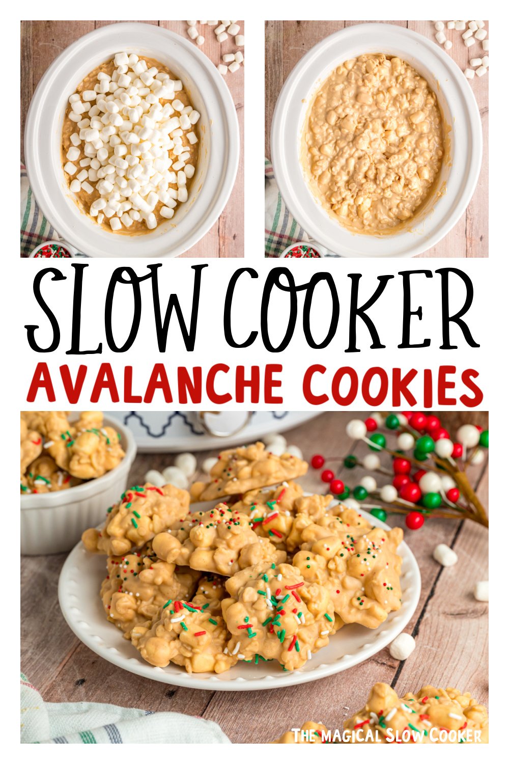 Three images of slow cooker avalanche cookies for pinterest.