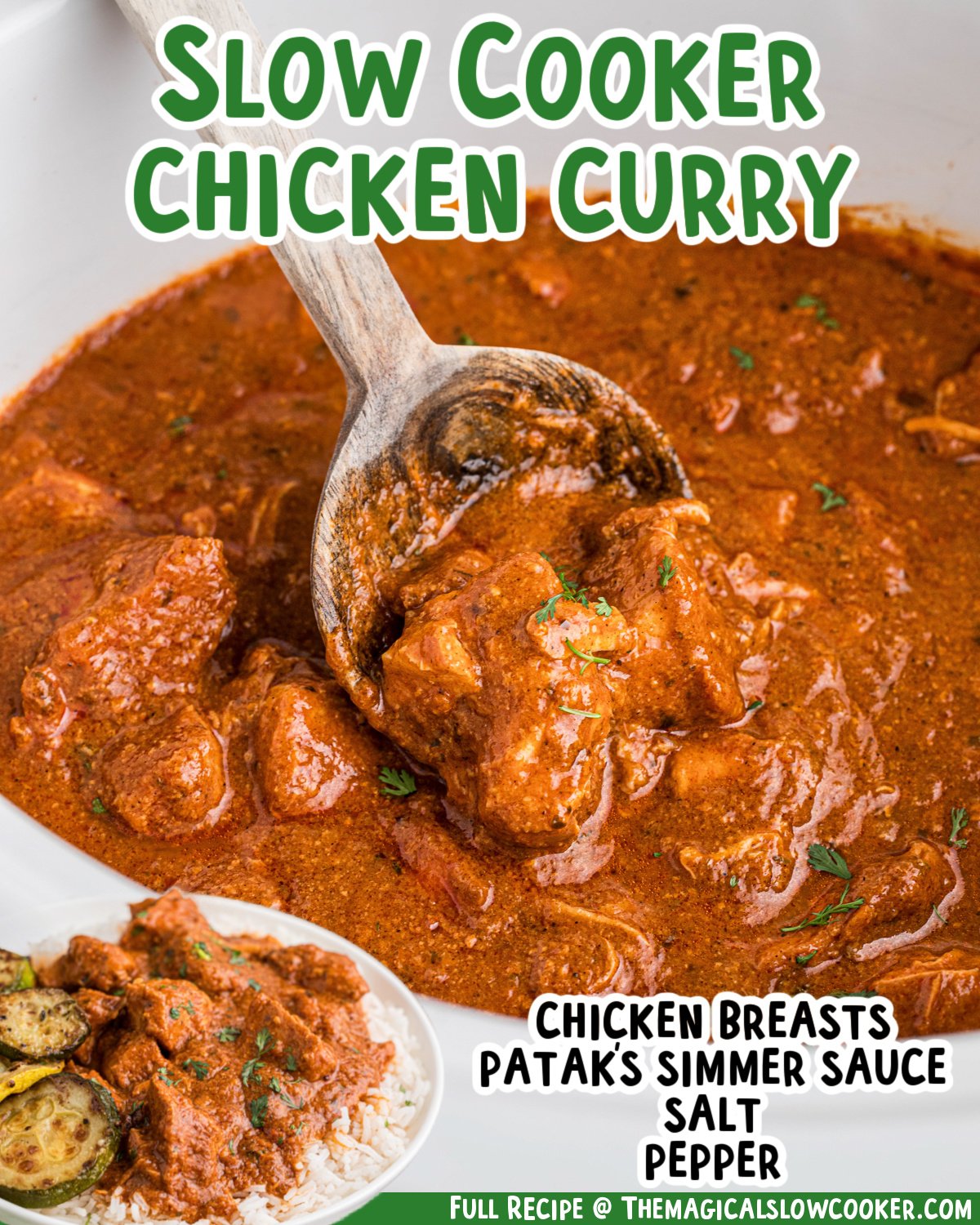 Two images of slow cooker chicken curry with text list of ingredients.