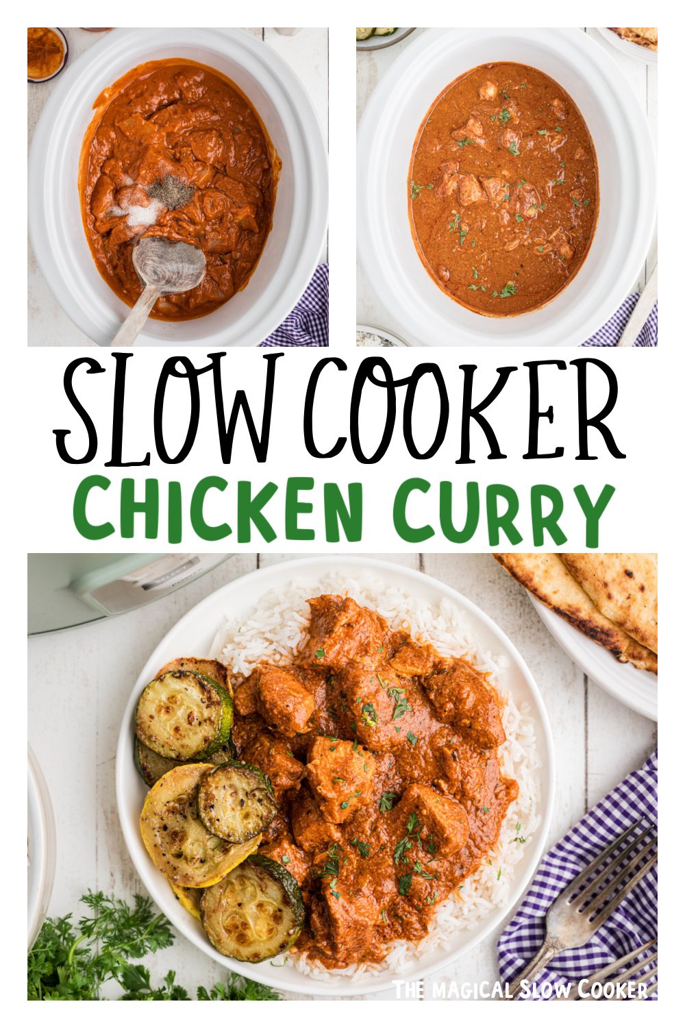 Three images for slow cooker chicken curry for pinterest.