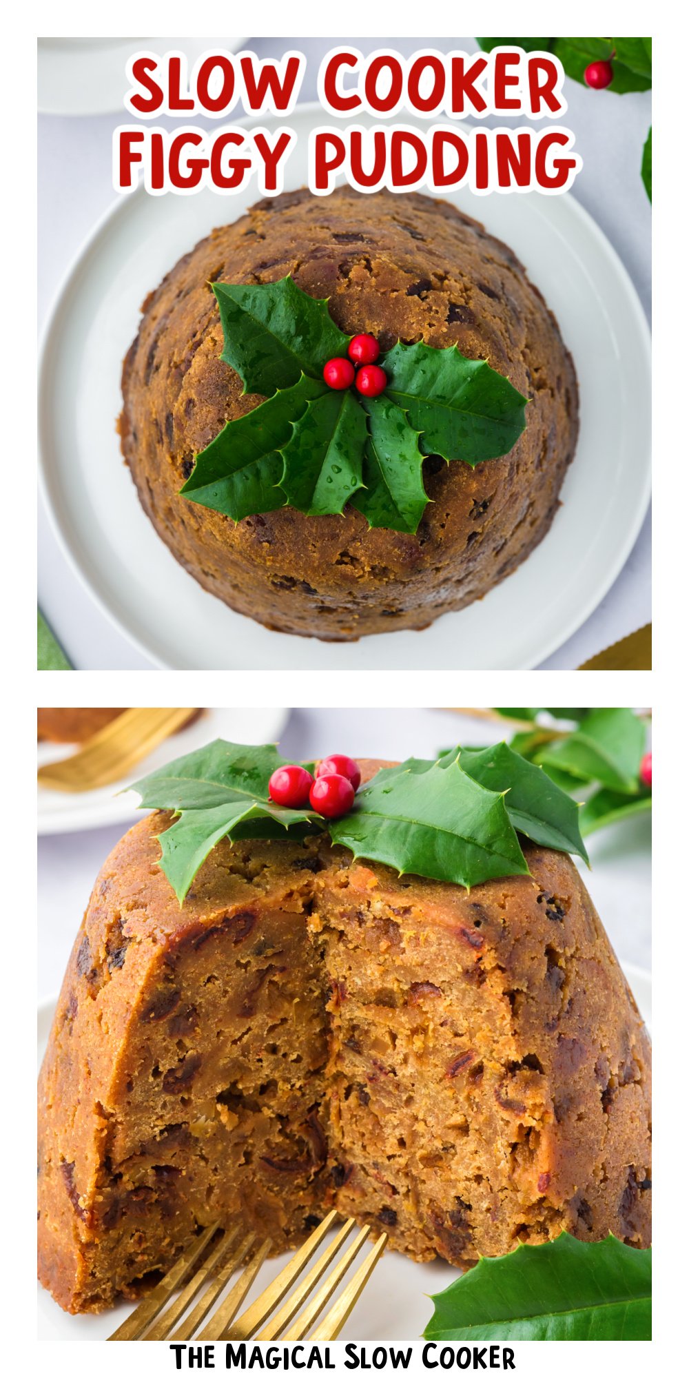 Two images of slow cooker figgy pudding with text title overlay.