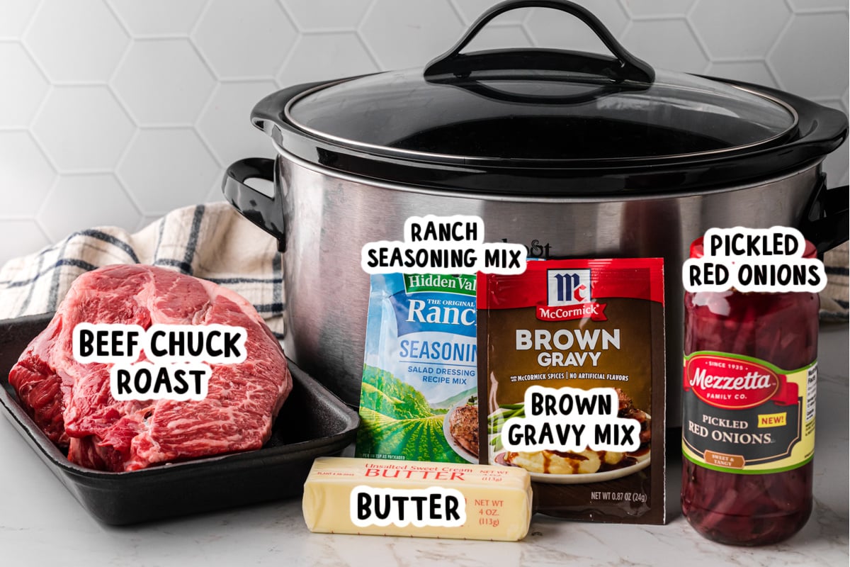 Ingredients for slow cooker georgia pot roast on a table.