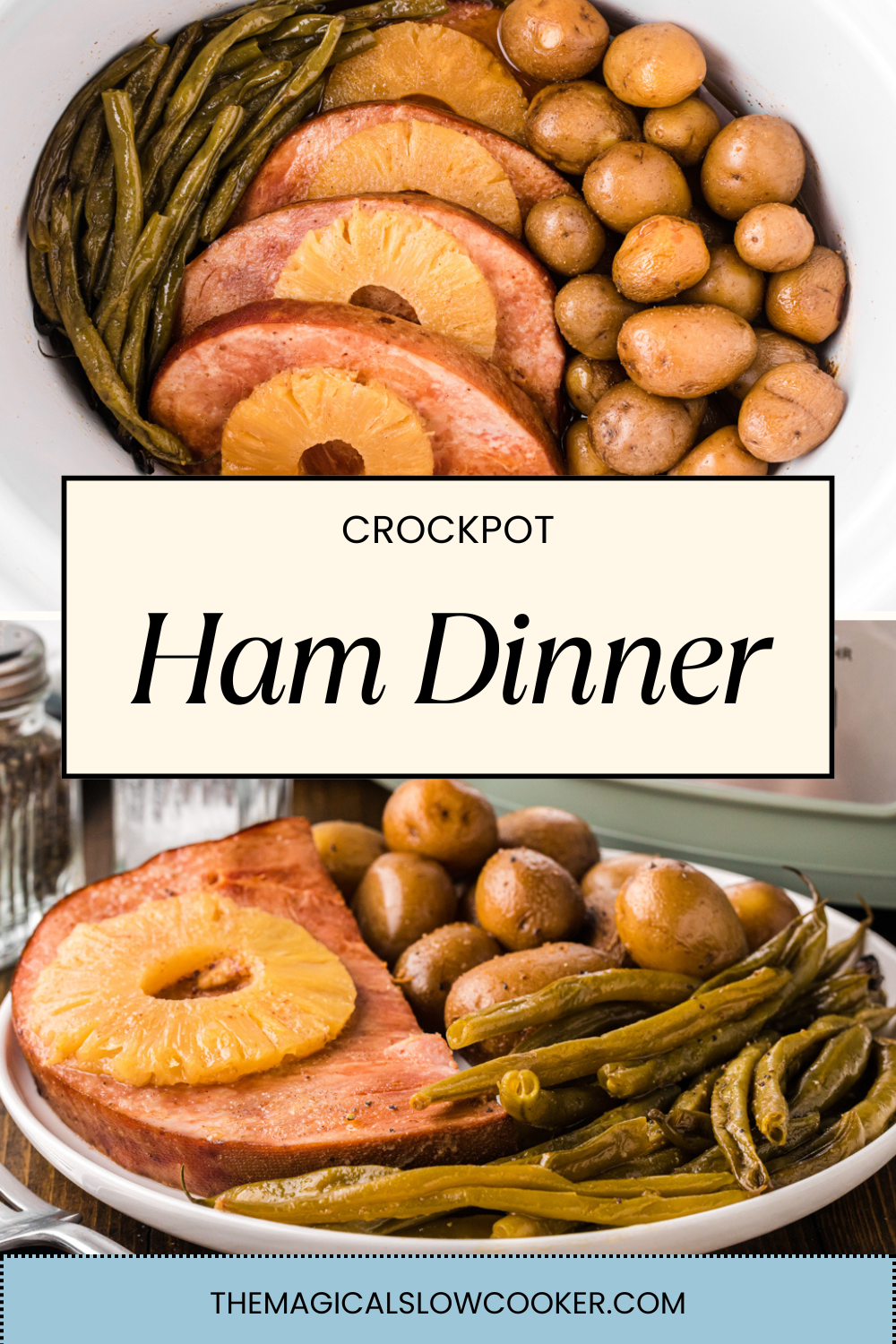 ham dinner in a slow cooker and on a plate.