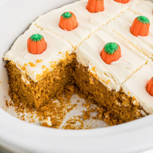 Close-up of slow cooker pumpkin bars in a crockpot.