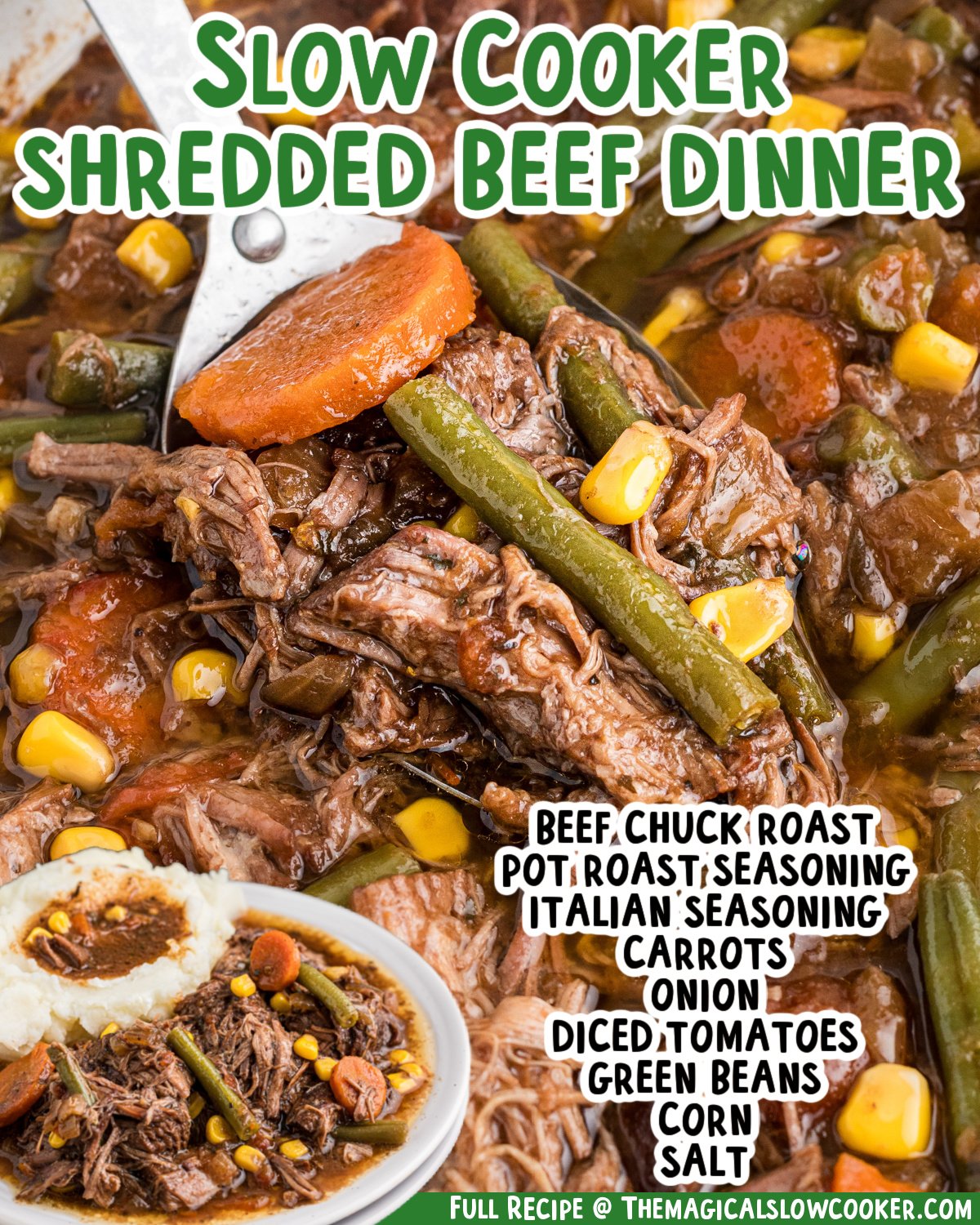 Two images of slow cooker shredded beef dinner with text list of ingredients.