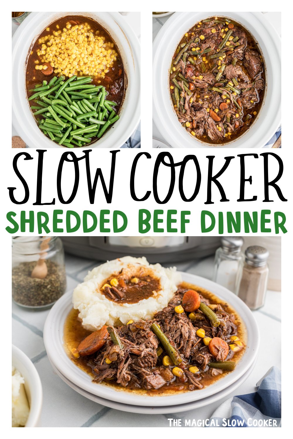 Three images of slow cooker shredded beef dinner for pinterest.