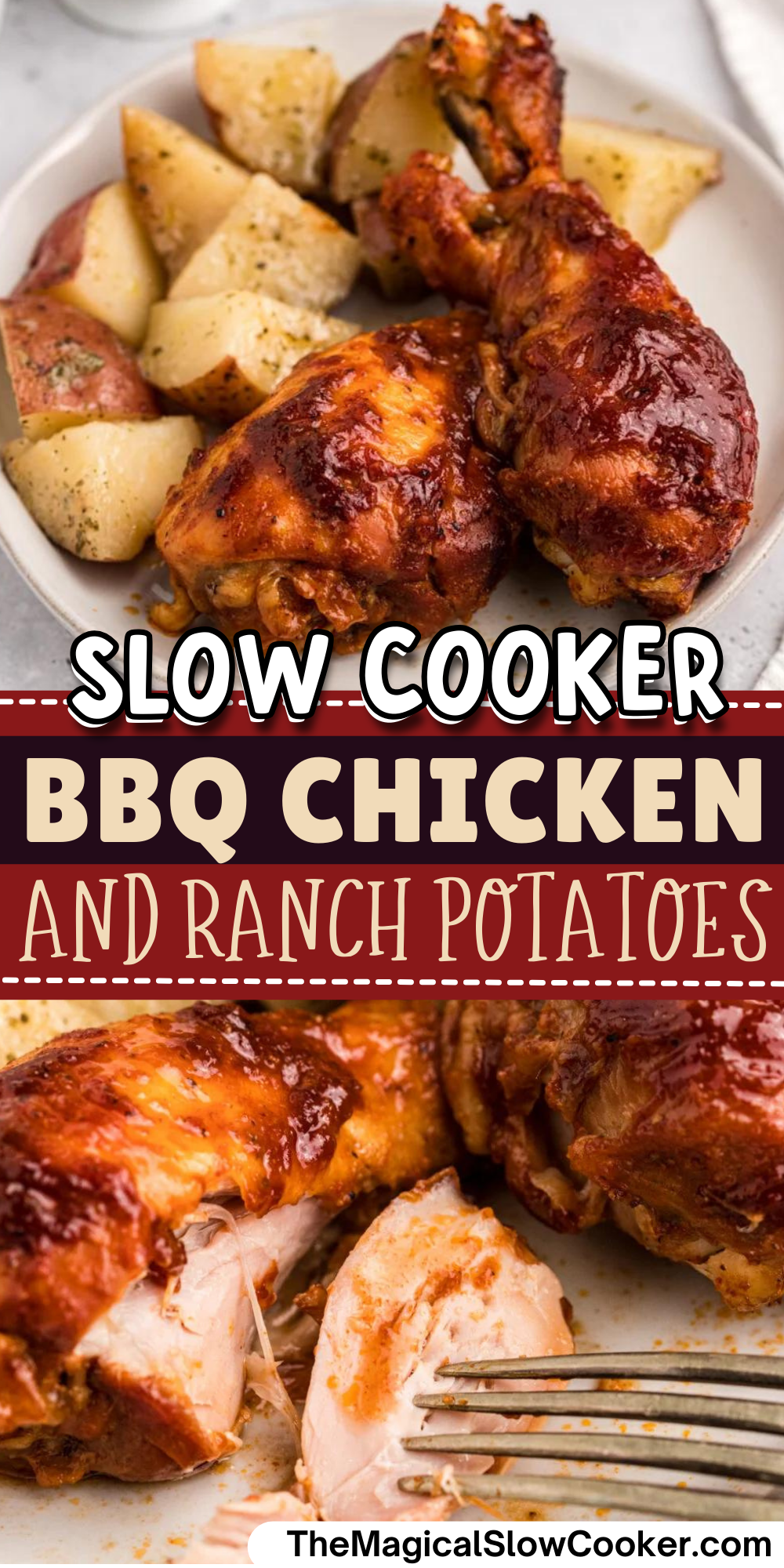 BBQ chicken and ranch potatoes images with text overlay for pinterest.
