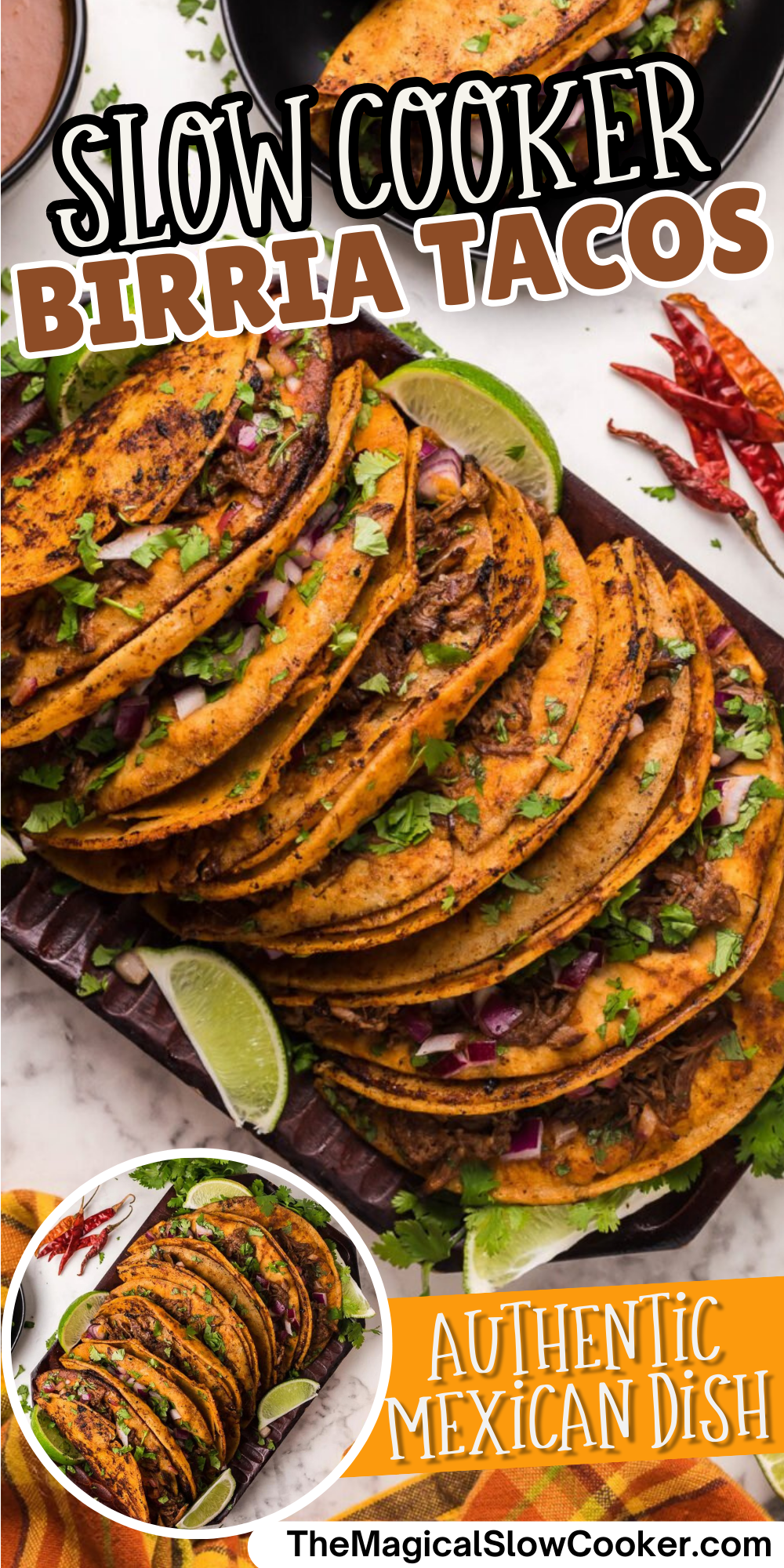 Birria tacos images with text overlay for pinterest.