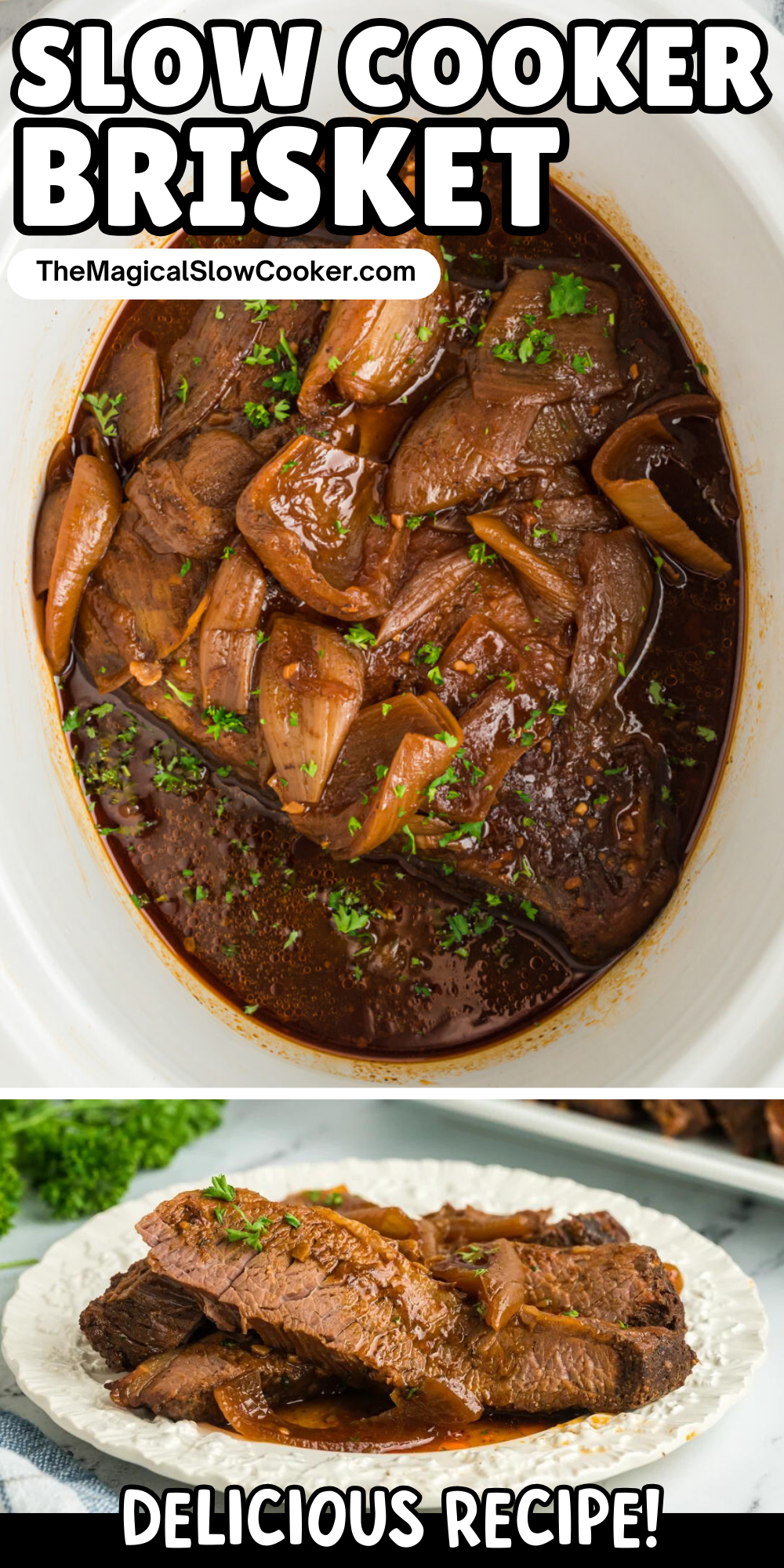 Brisket images with text overlay for pinterest.