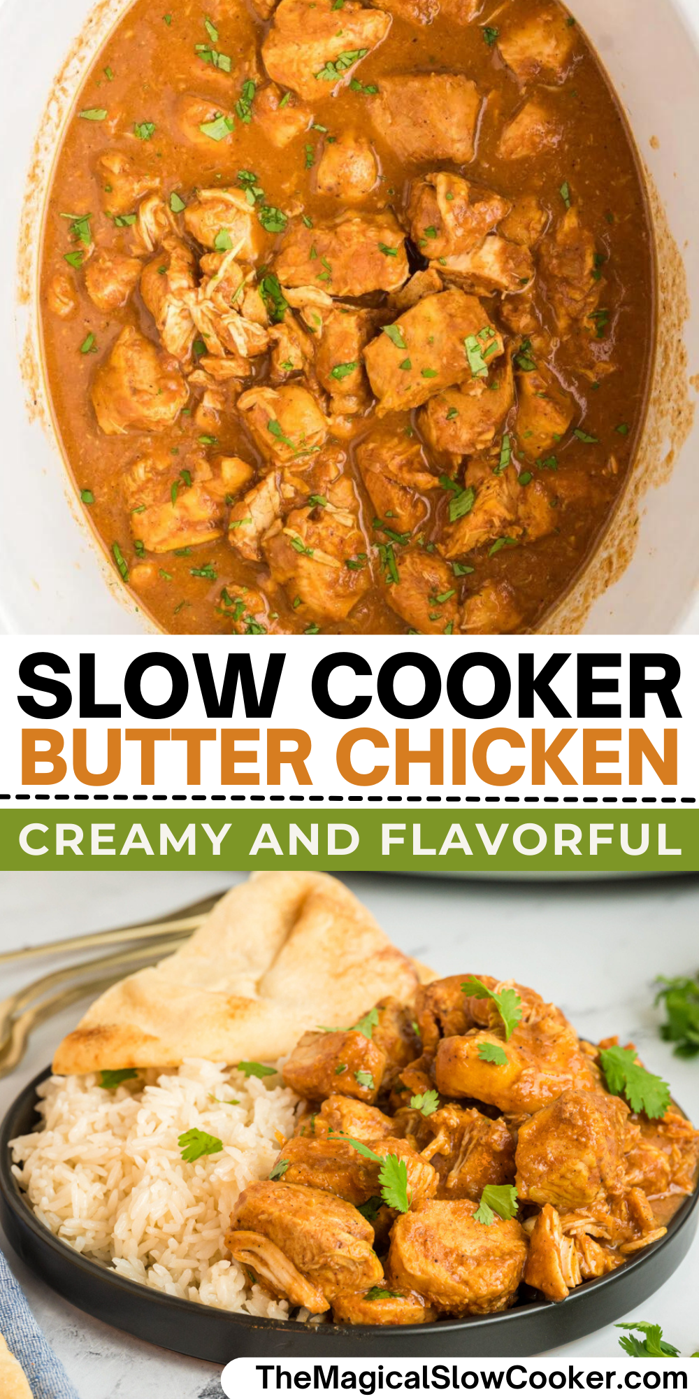 Butter chicken images with text overlay for pinterest.