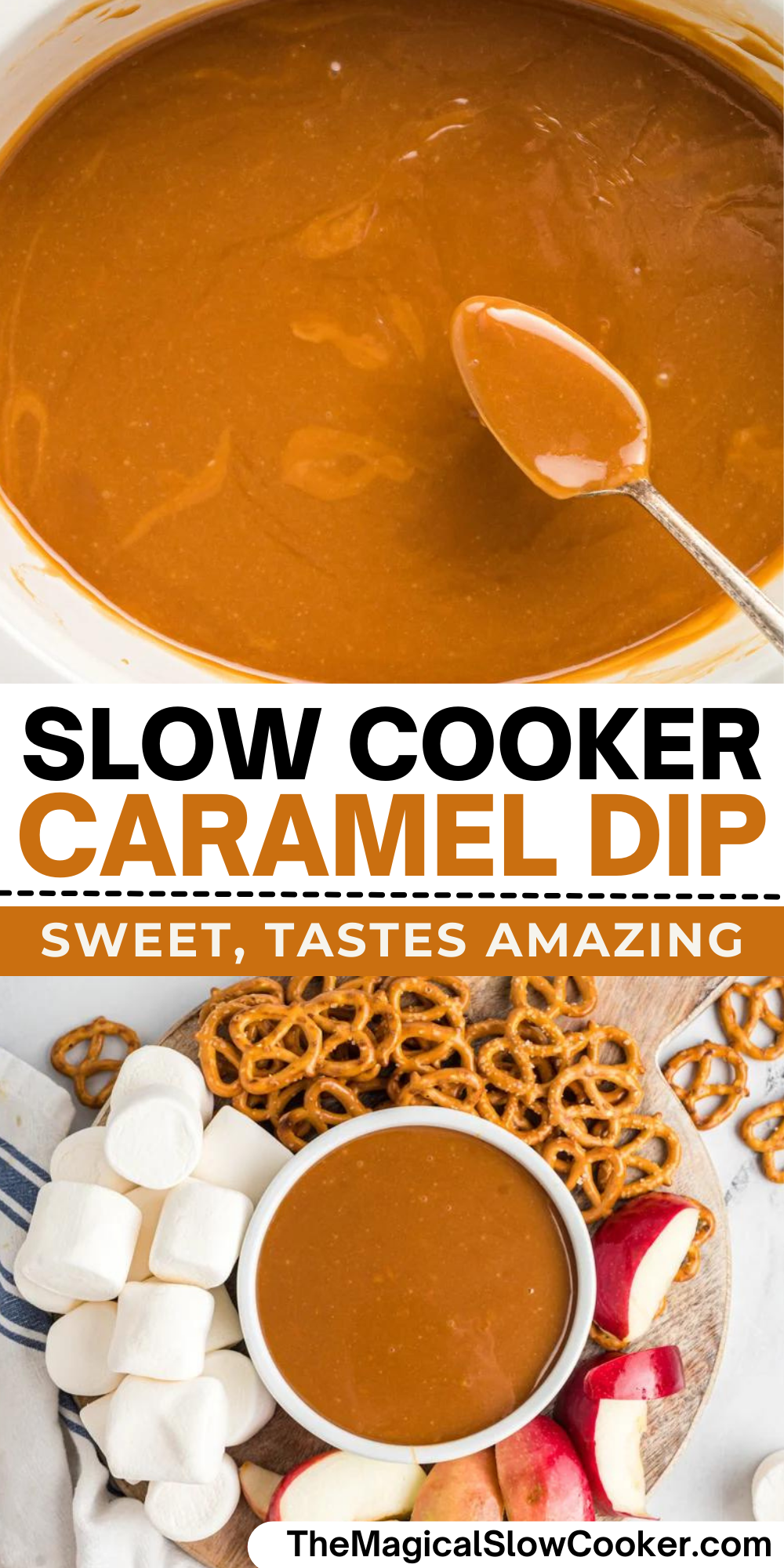 Caramel dip images with text overlay for pinterest.