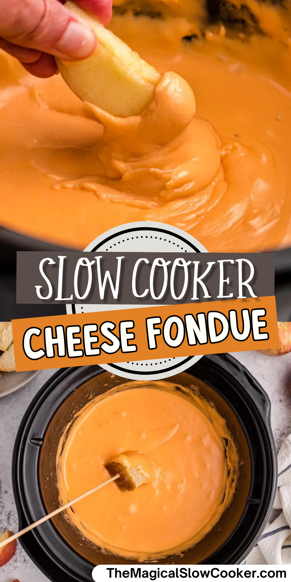 Cheese fondue images with text overlay for pinterest.