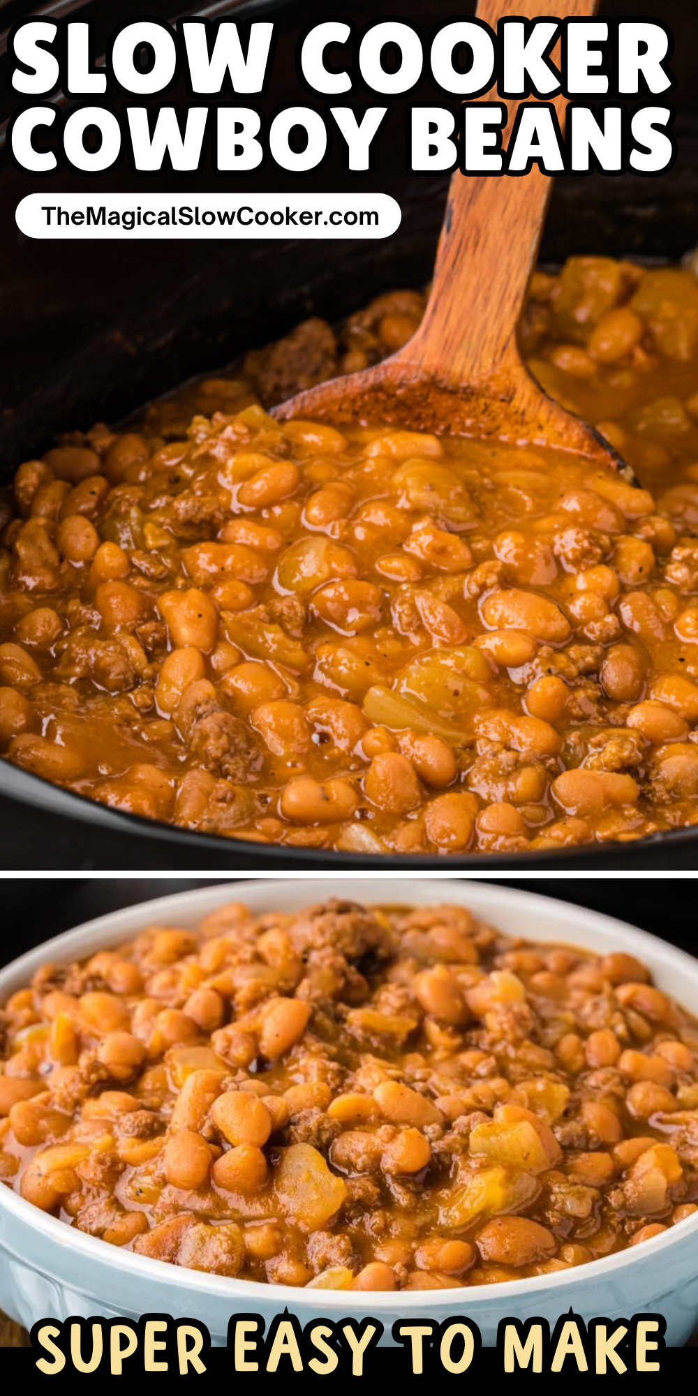 Cowboy beans images with text overlay for pinterest.