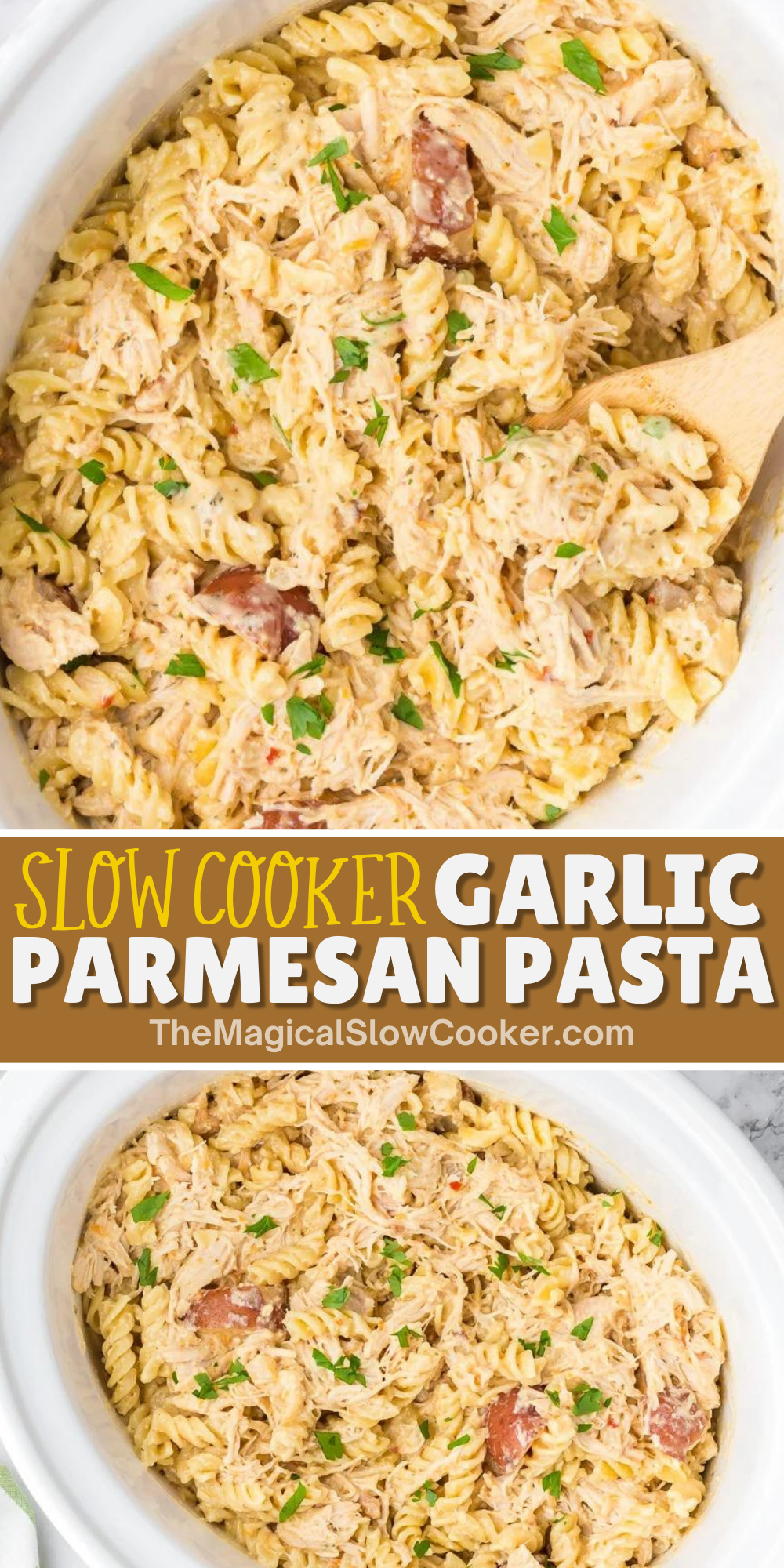 Garlic parmesan pasta images with text overlay for pinterest.