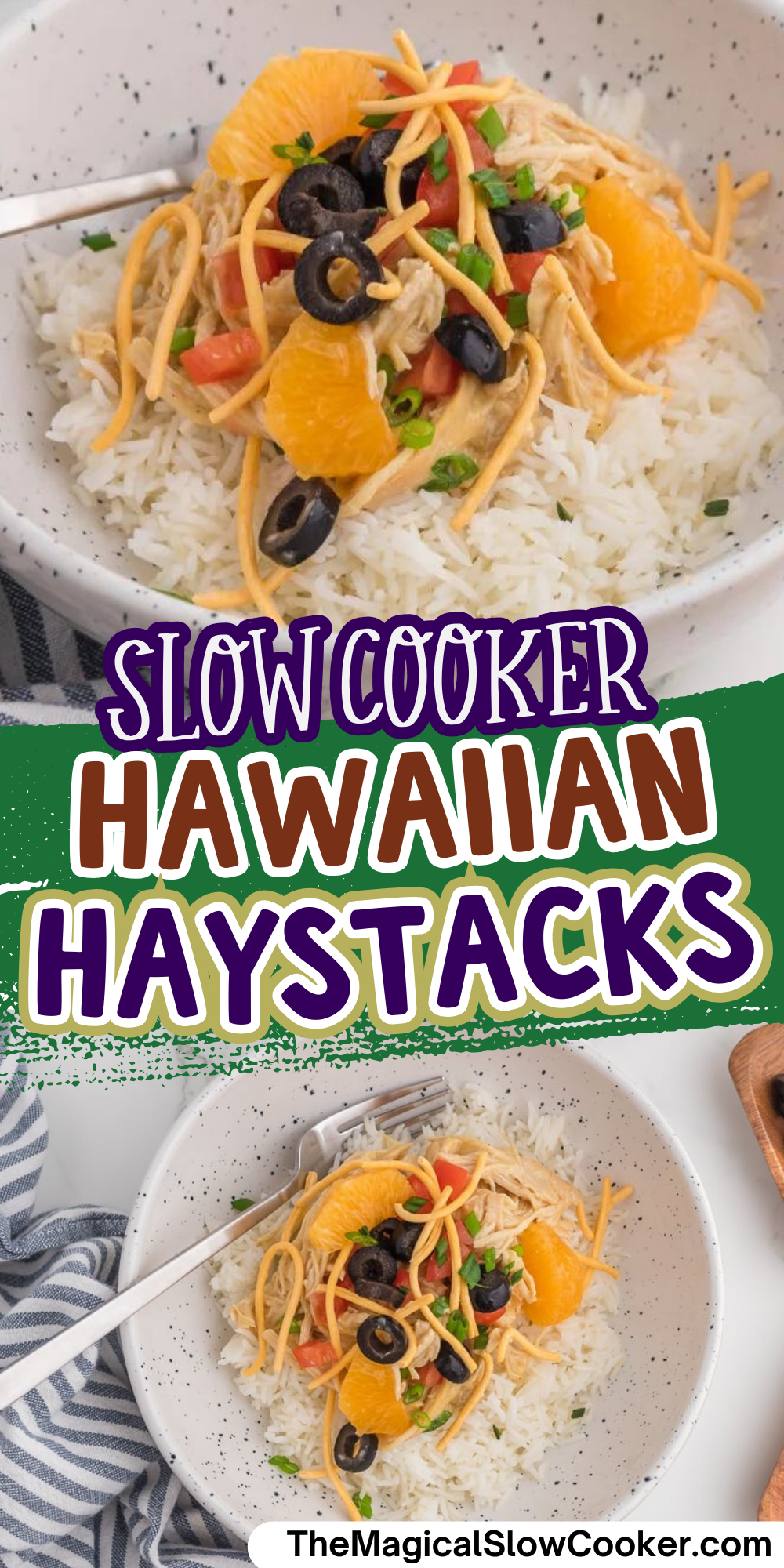 Hawaiian haystacks images with text overlay for pinterest.