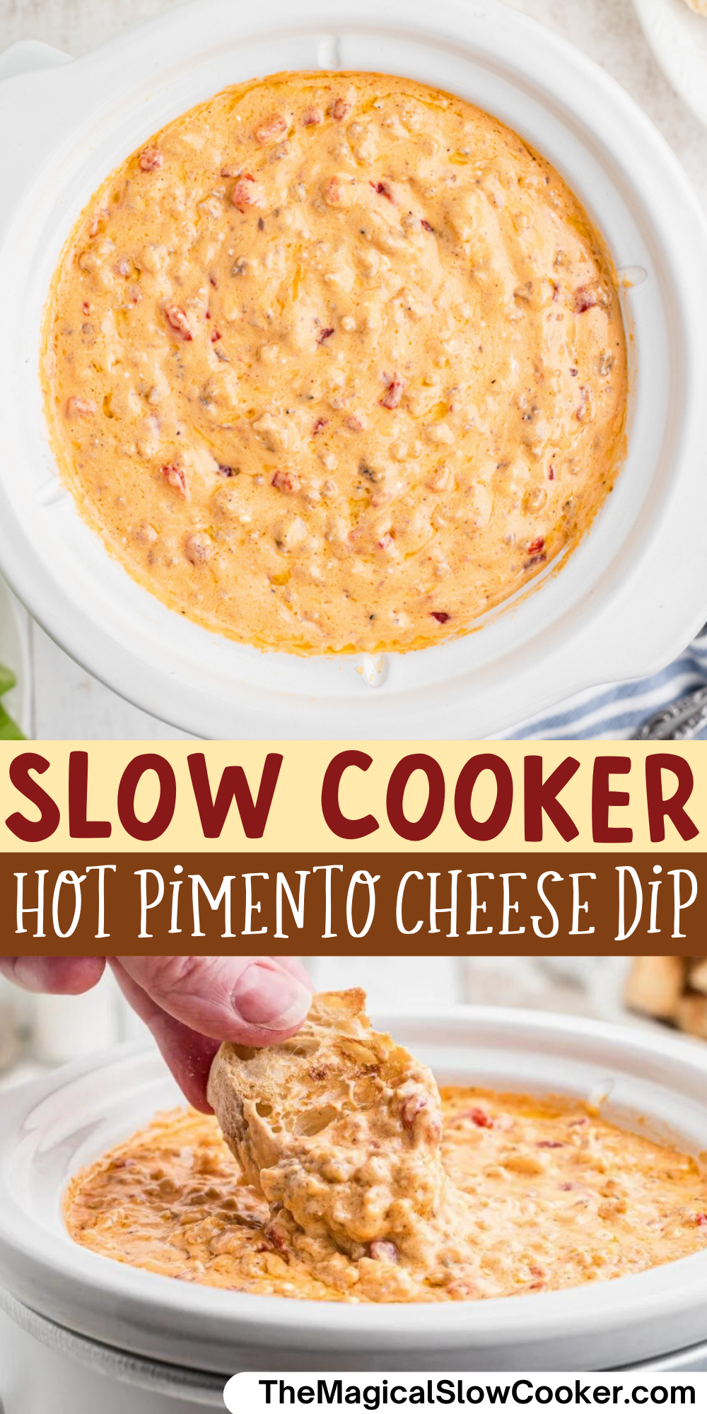 Hot pimento cheese dip images with text overlay for pinterest.