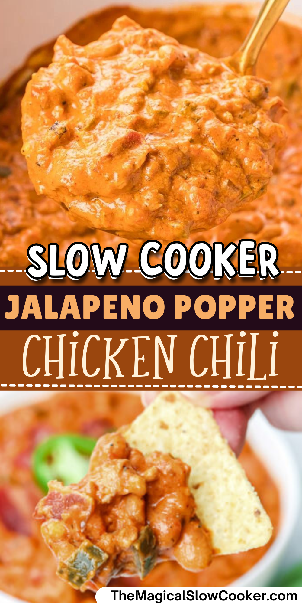Jalapeno popper chicken chili images with text overlay for pinterest.