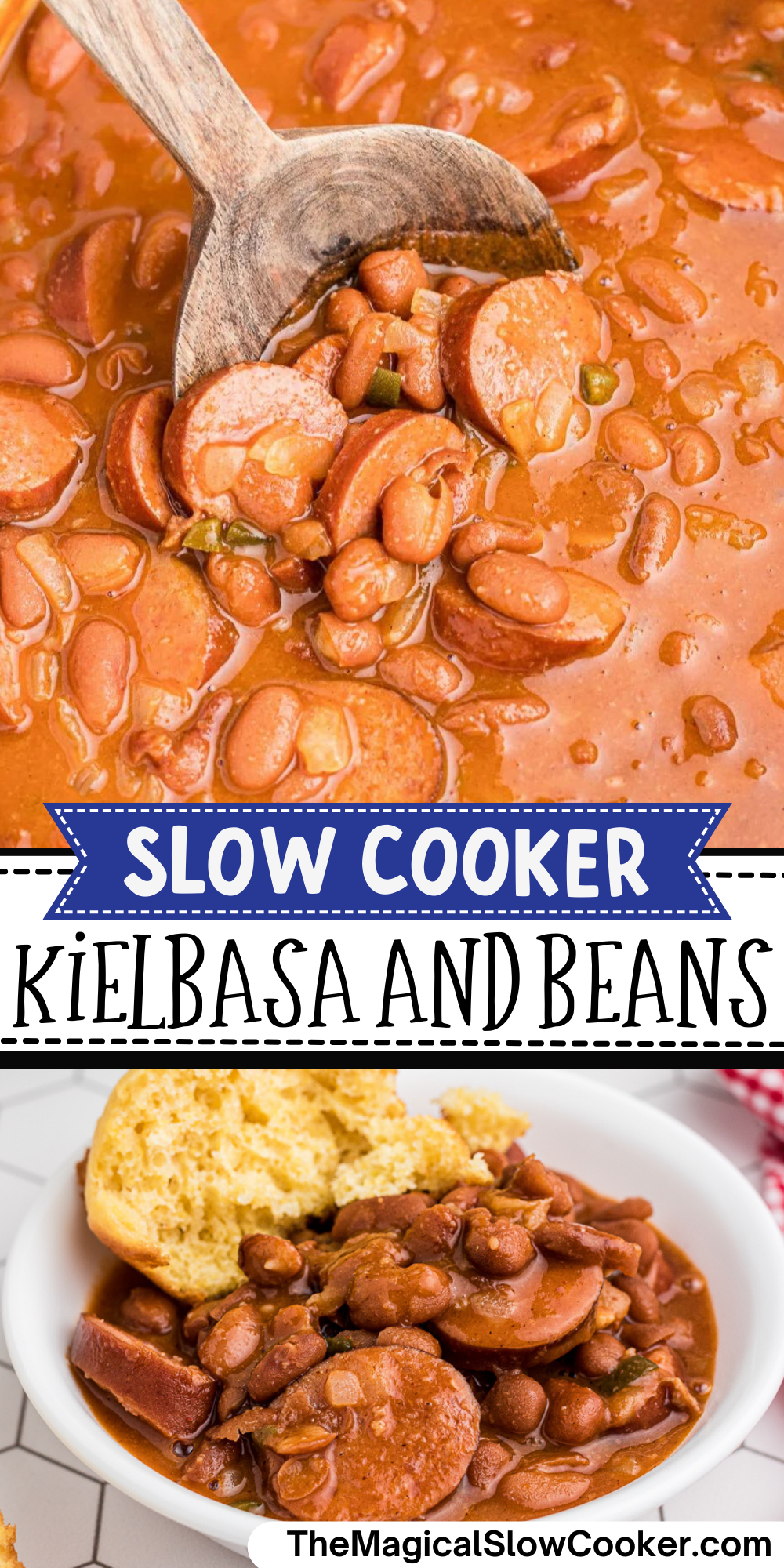 Kielbasa and beans images with text overlay for pinterest.