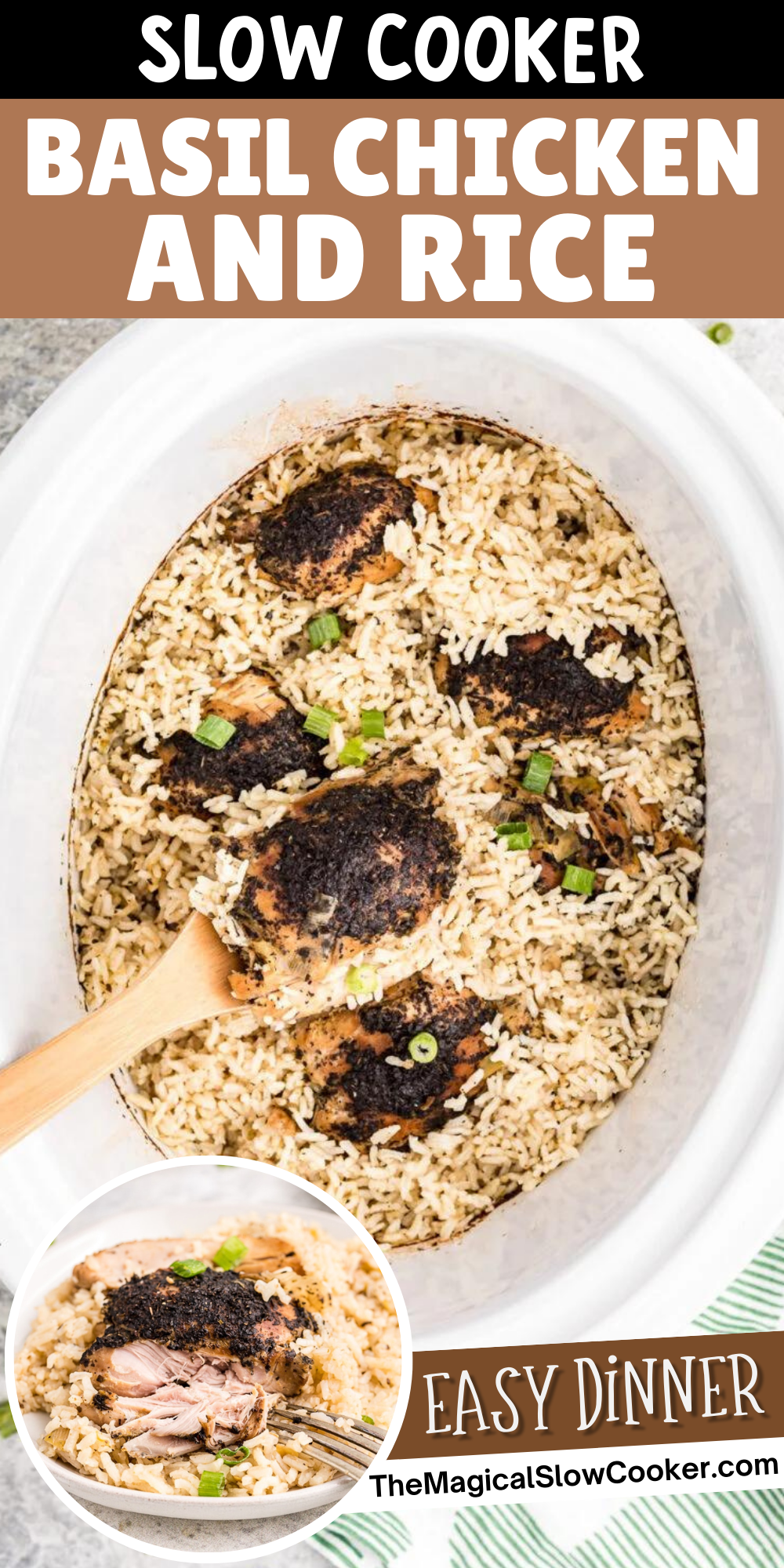 Basil chicken and rice images with text overlay for pinterest.