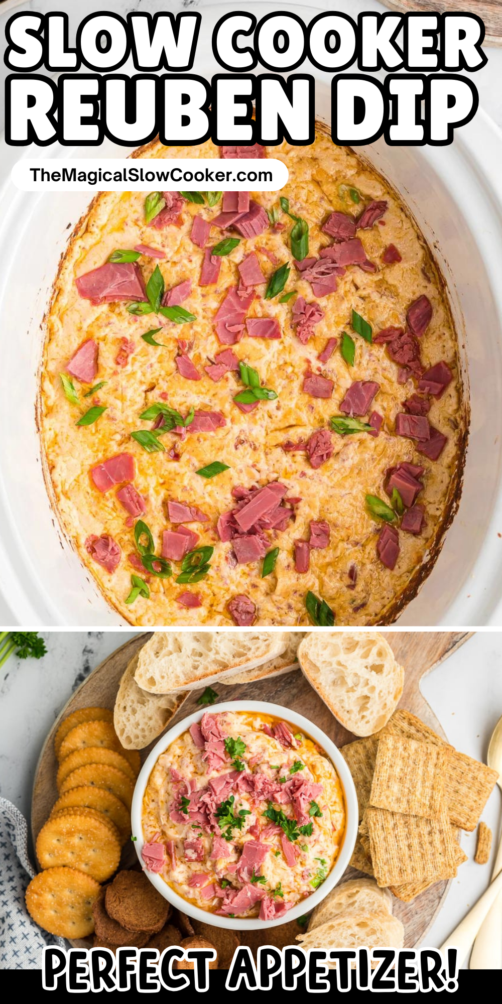 Reuben dip images with text overlay for pinterest.