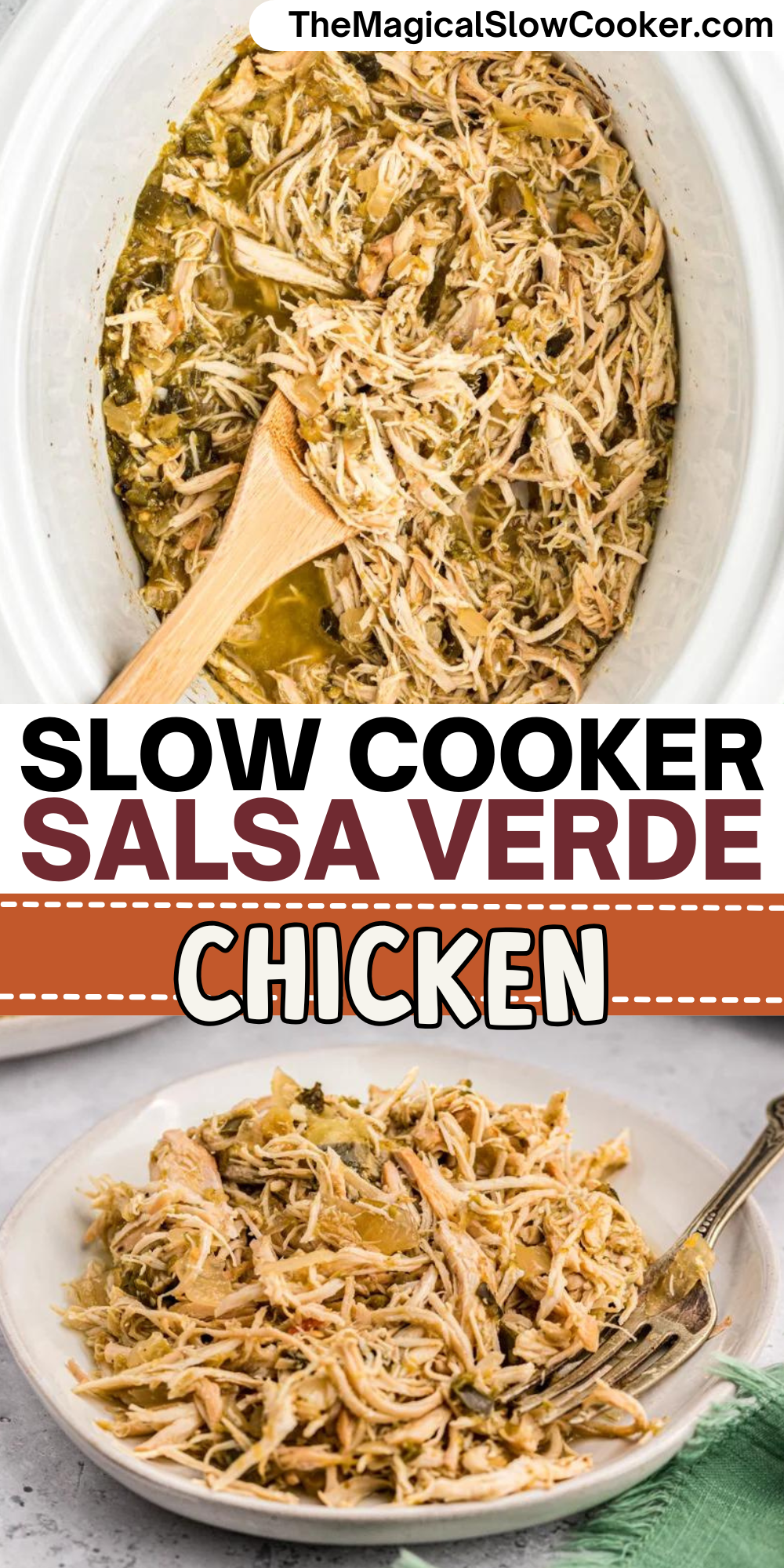 Salsa verde chicken images with text overlay for pinterest.