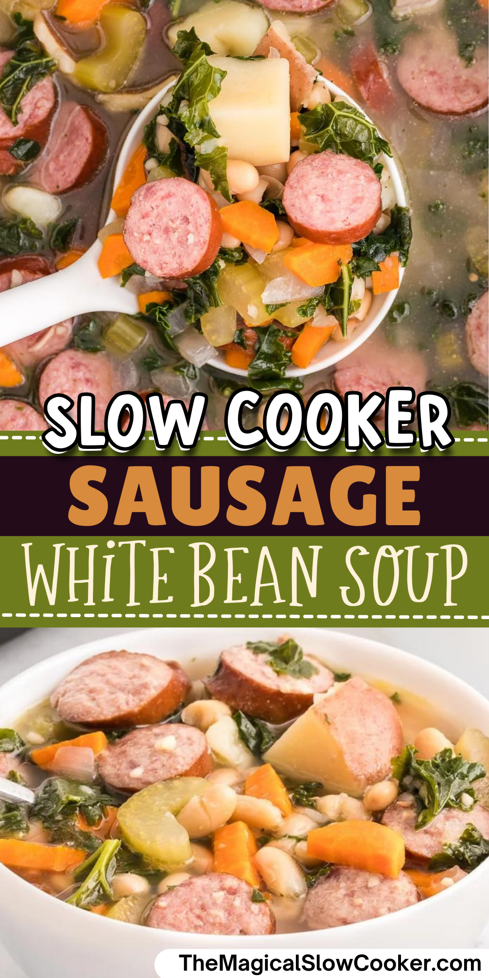 Sausage white bean soup images with text overlay for pinterest.