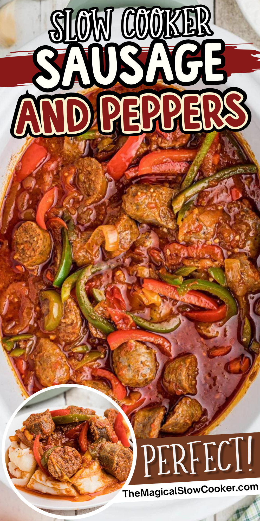 Sausage and peppers images with text overlay for pinterest.