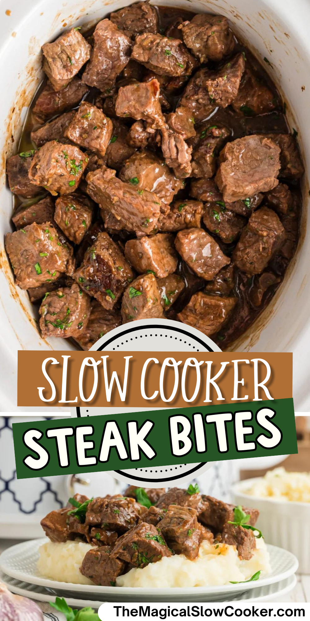 Steak bites images with text overlay for pinterest.