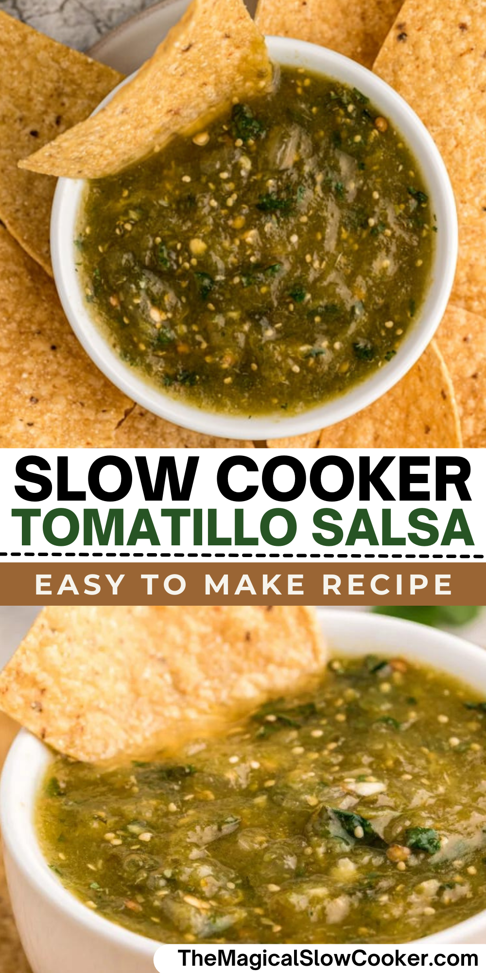 Tomatillo salsa images with text overlay for pinterest.