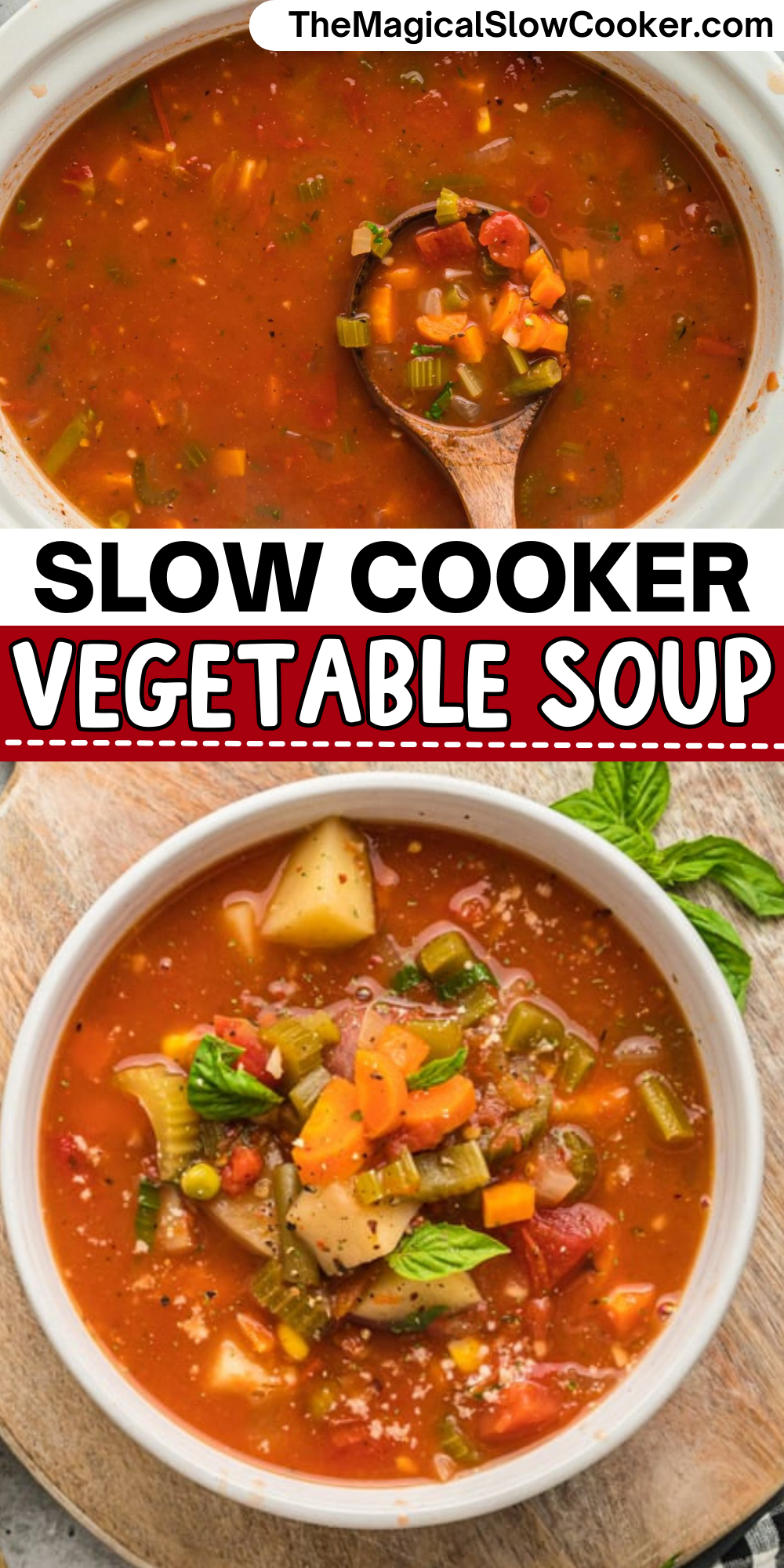 Vegetable soup images with text overlay for pinterest.