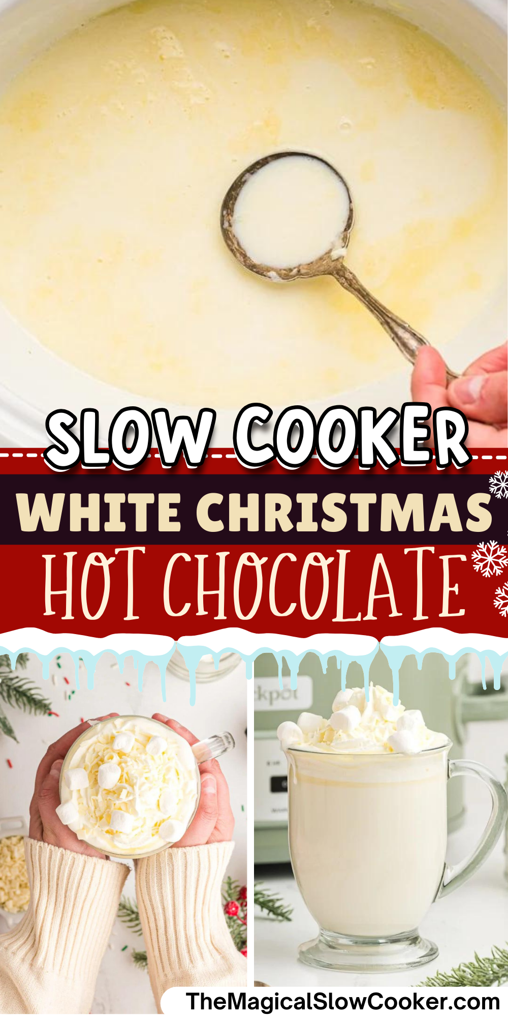 White Christmas hot chocolate images with text overlay for pinterest.