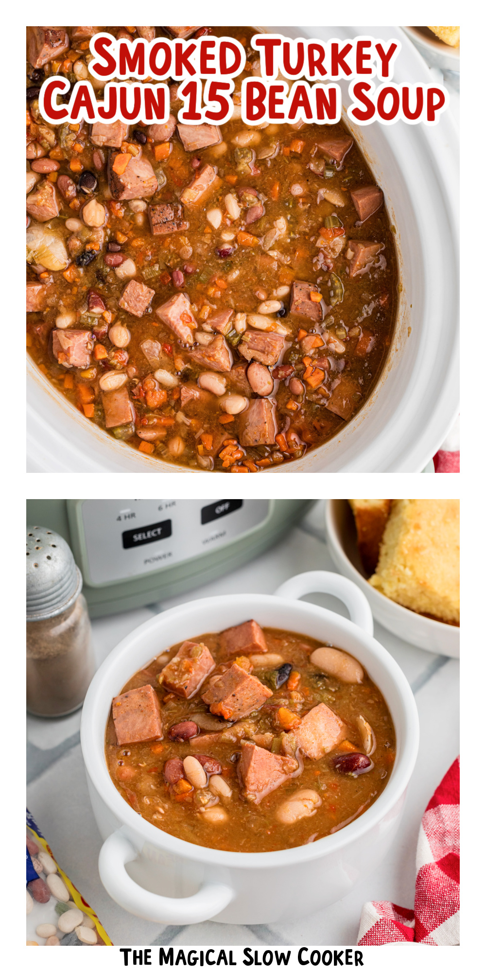 Two images of slow cooker smoked turkey cajun 15 bean soup with text title overlay.