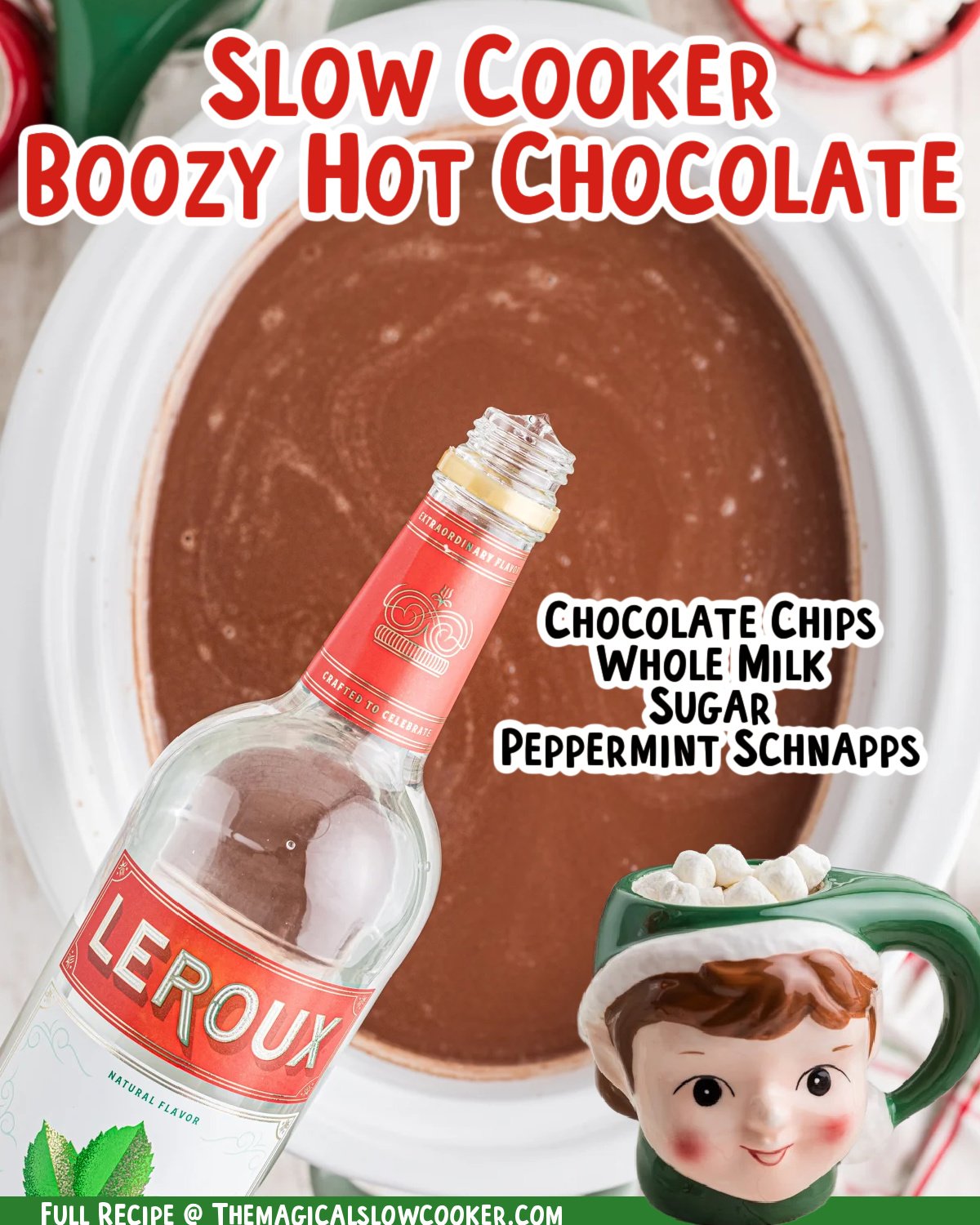 images of boozy hot chocolate in a slow cooker.