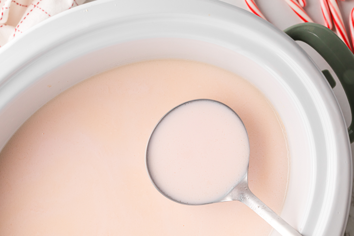 Slow cooker candy cane hot chocolate with a ladle scooping some out.