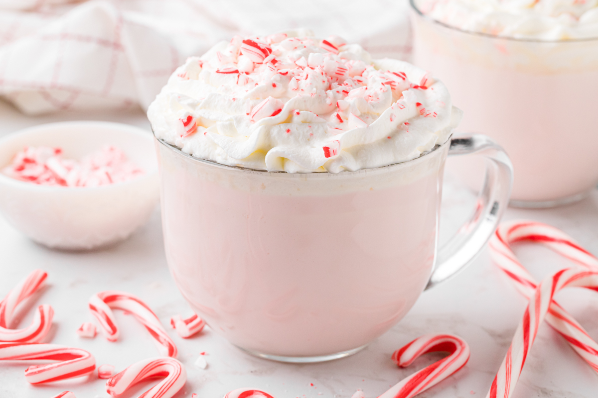 A mug of slow cooker candy cane hot chocolate with candy canes around
