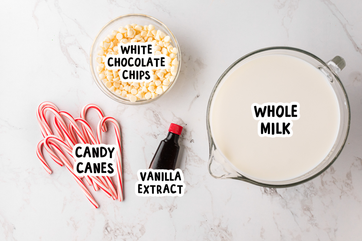 Ingredients for slow cooker candy cane hot chocolate on a table.