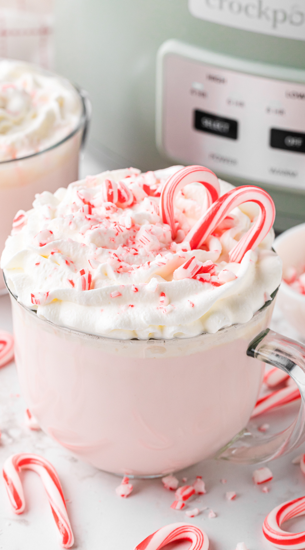 Long image of slow cooker candy cane hot chocolate.