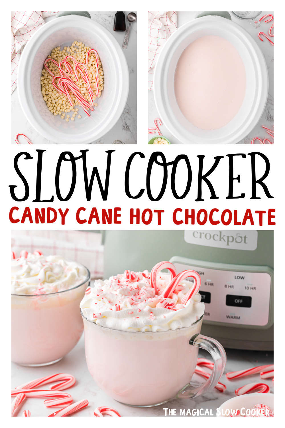 Three images of slow cooker candy cane hot chocolate for pinterest.