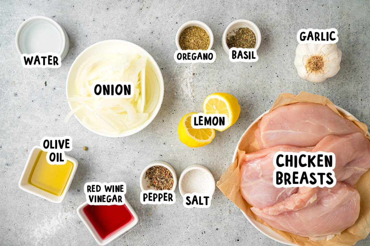 Ingredients for slow cooker chicken gyros on a table.
