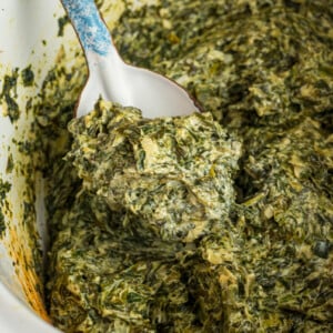 Slow cooker creamed spinach with a spoon in it.