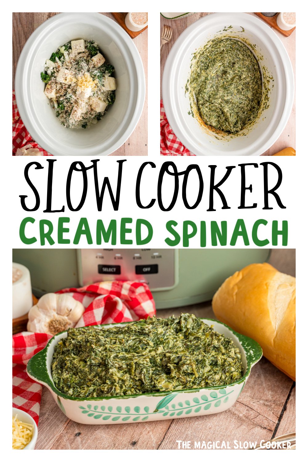 Three images of slow cooker creamed spinach for pinterest.
