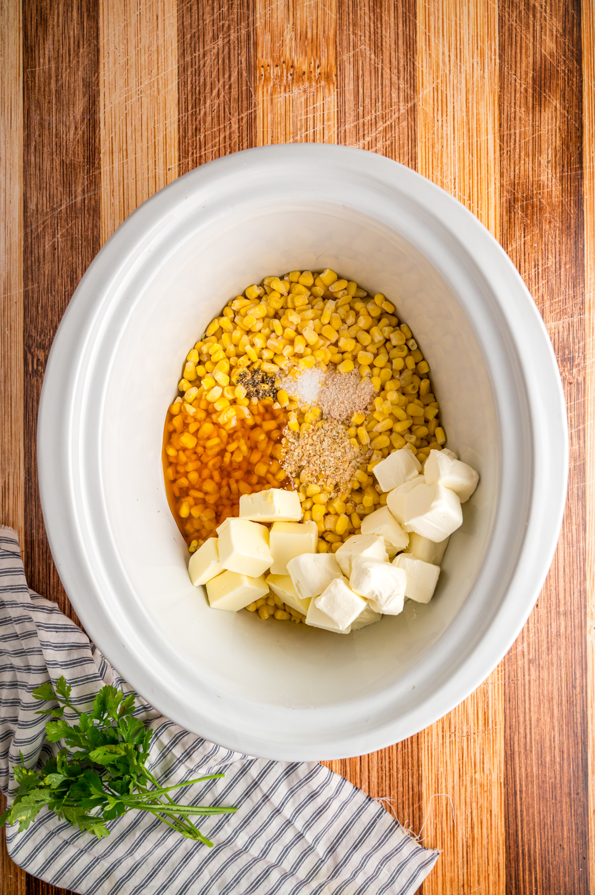 Ingredients for slow cooker honey butter chicken in a crockpot.