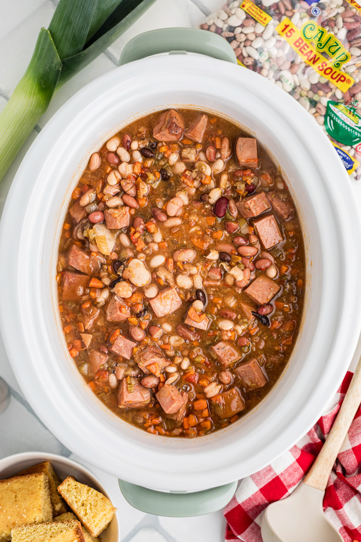 Slow cooker smoked turkey cajun 15 bean soup after cooking.