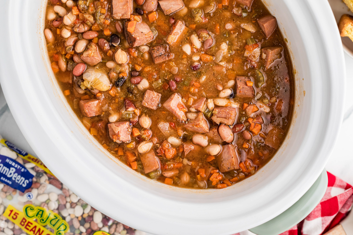 Smoked turkey cajun 15 bean soup in a slow cooker.
