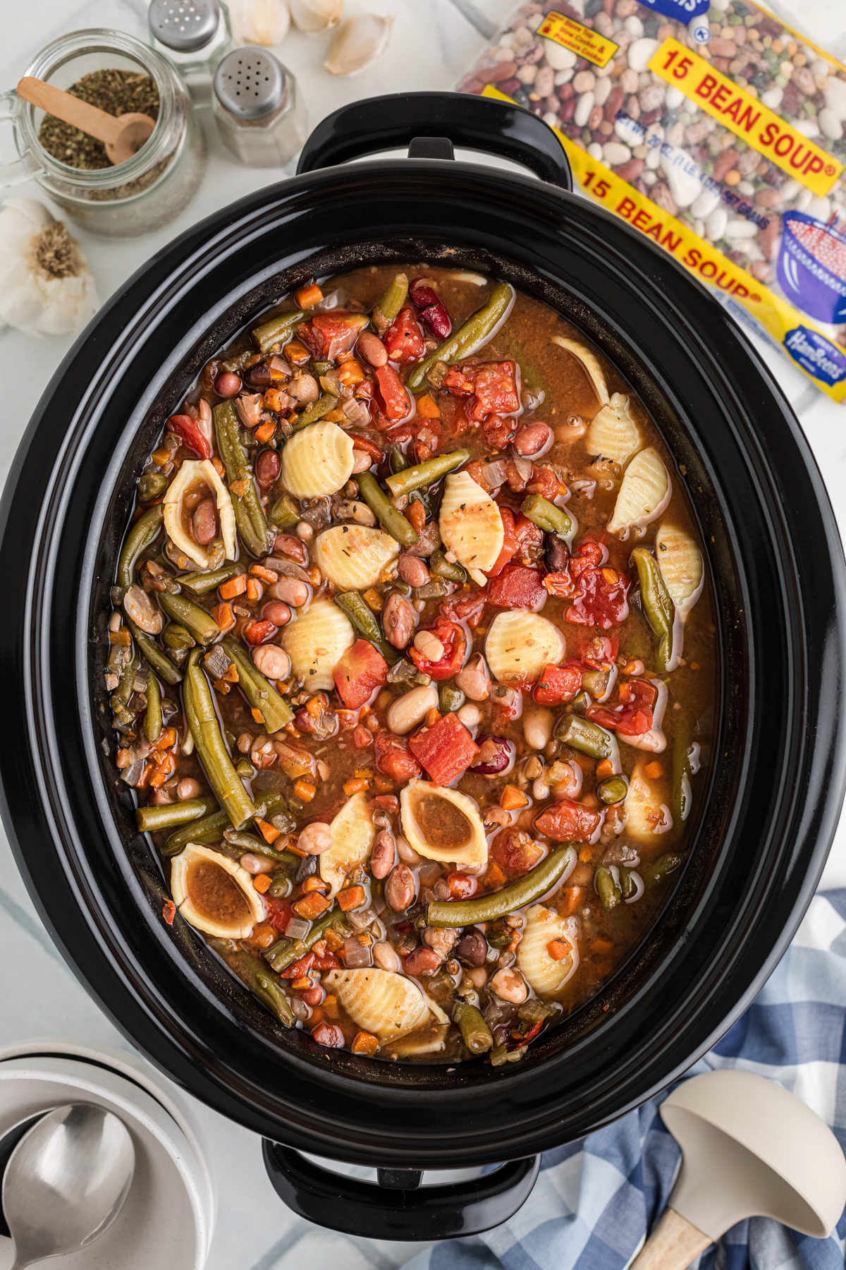 Slow cooker 15 bean minestrone soup after cooking.